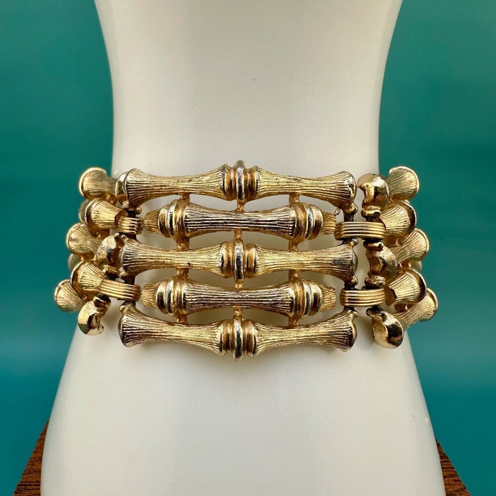Vintage Emmons Bracelet Brushed Gold Tone Bamboo Link Metal 1" Wide 6.5" Long